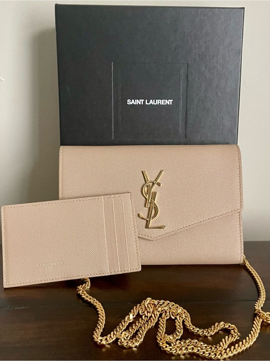 Yves Saint Laurent Handbags - YSL DARK BEIGE UPTOWN CHAIN WALLET IN GRAIN DE POUDRE EMBOSSED LEATHER